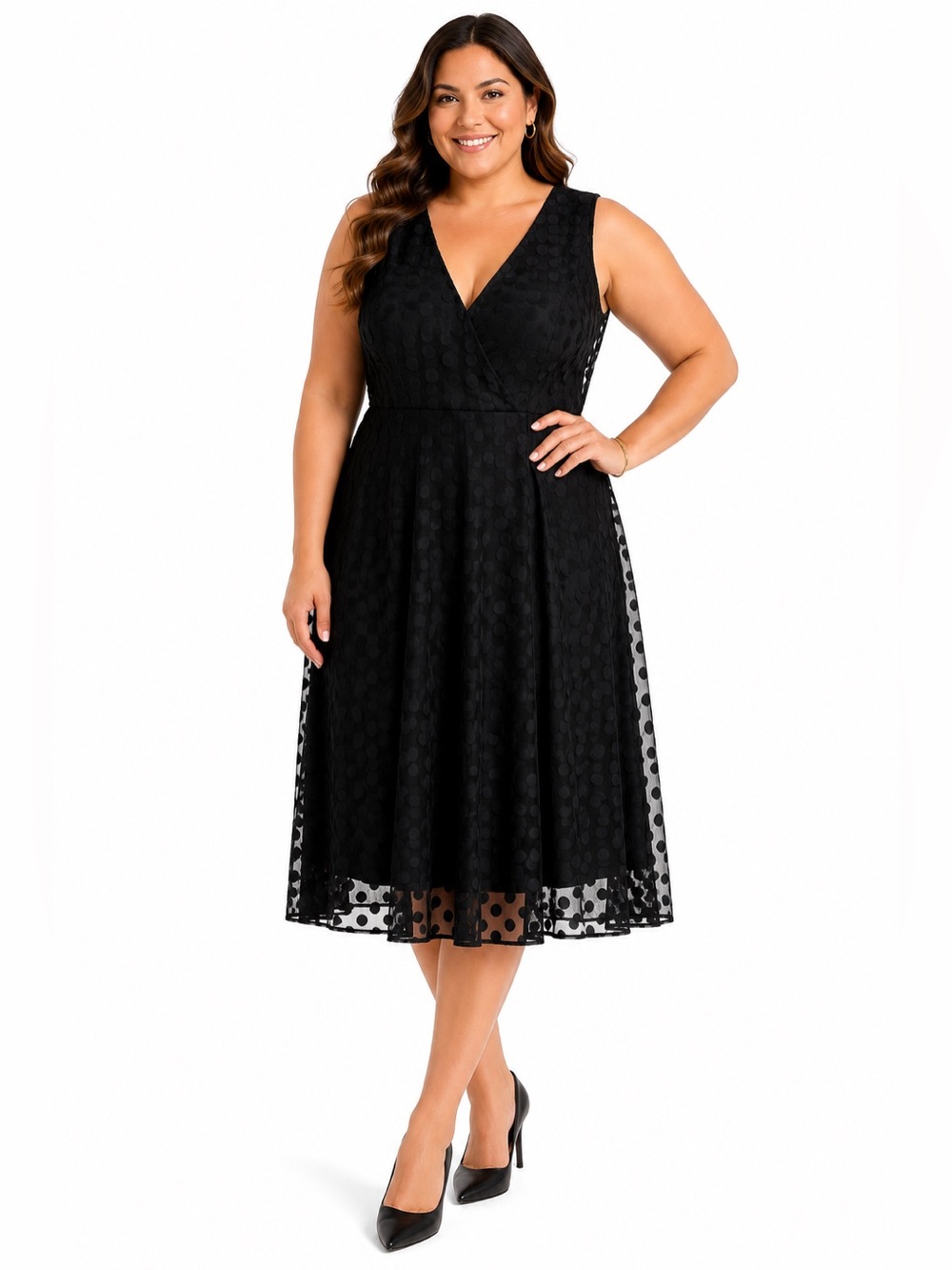 Alfani Black Swiss Dot Mesh Sleeveless Fit & Flare Dress 1X Textured Dot A-Line